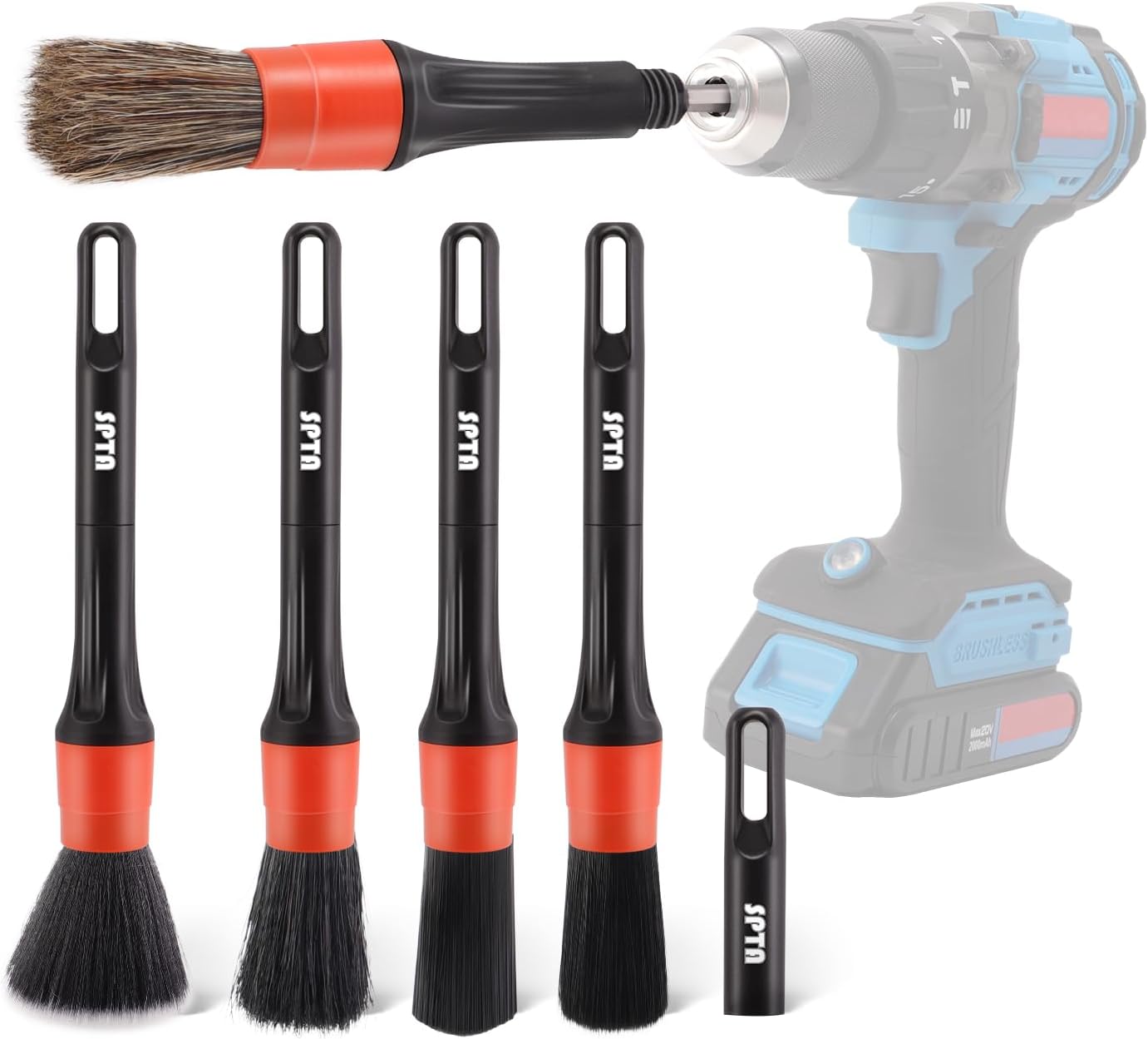 SPTA Car Drill Brush, Drill Brush Attachment 5Pcs Detachable Car Care Detailing Brush Set Soft No Scratch Boar Hair Detail Brush Car Care Detail Brush for Air Vent Automotive Interior Exterior -DF075
