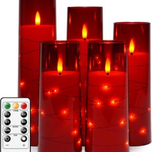 Flameless LED Candles with Timer 5 Pc Flickering Flameless Candles for Romantic Ambiance and Home Decoration Stable Acrylic Shell,with Embedded Star String，Battery Operated Candles（Red）