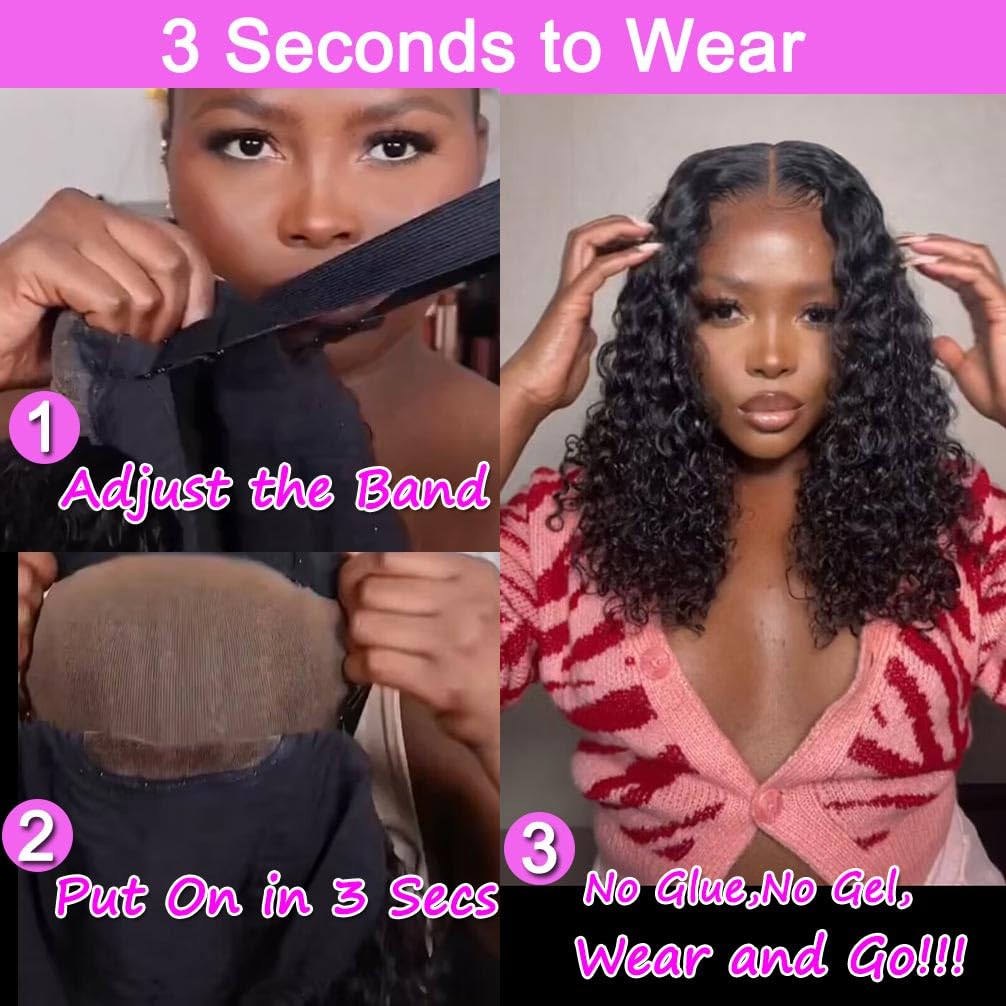Wear and Go Glueless Wigs Human Hair Pre Plucked Pre Cut Lace Front Wigs for Black Women 180 Density Water Wave Bob Wig Human Hair Curly Wig (14 Inch) - Image 2