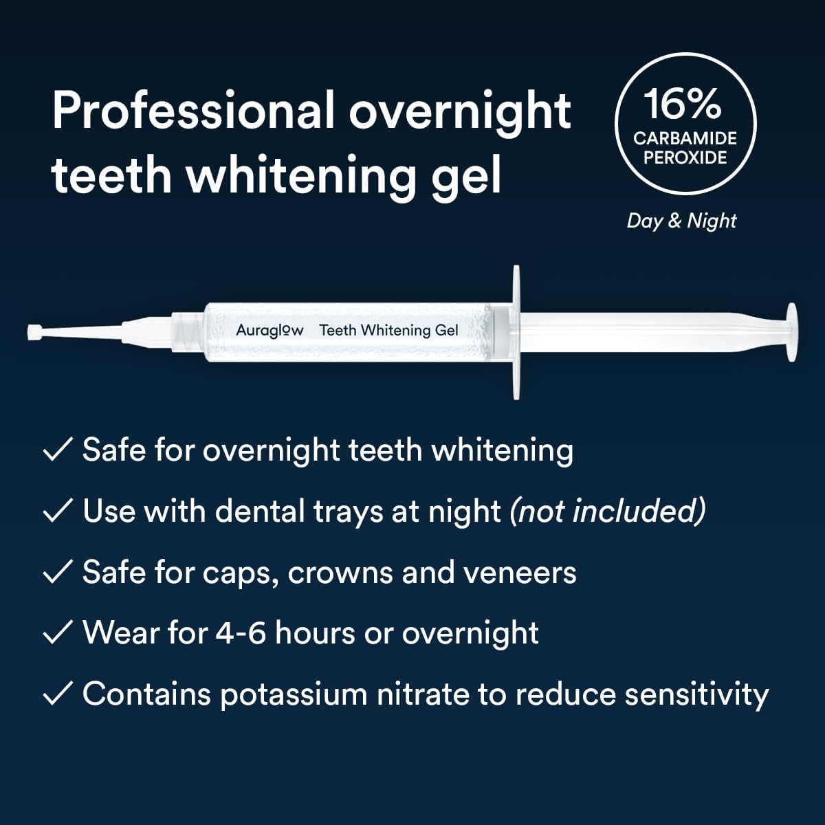 Auraglow 16% Overnight Teeth Whitening Gel Syringe Refills, 16% Carbamide Peroxide, Overnight Teeth Whitening Gel, 30 Whitening Treatments, (3) 5mL Whitening Gel Syringes, Contains Potassium Nitrate - Image 3