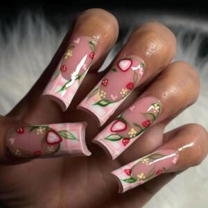 MISUD Press on Nails Long Square Fake Nails Glossy Glue on Nails Summer Pink Plaid Acrylic Nail Supplies Squoval Artificial Nail Art Strawberry Flower Stick on False Nails with Design DIY 24 pcs