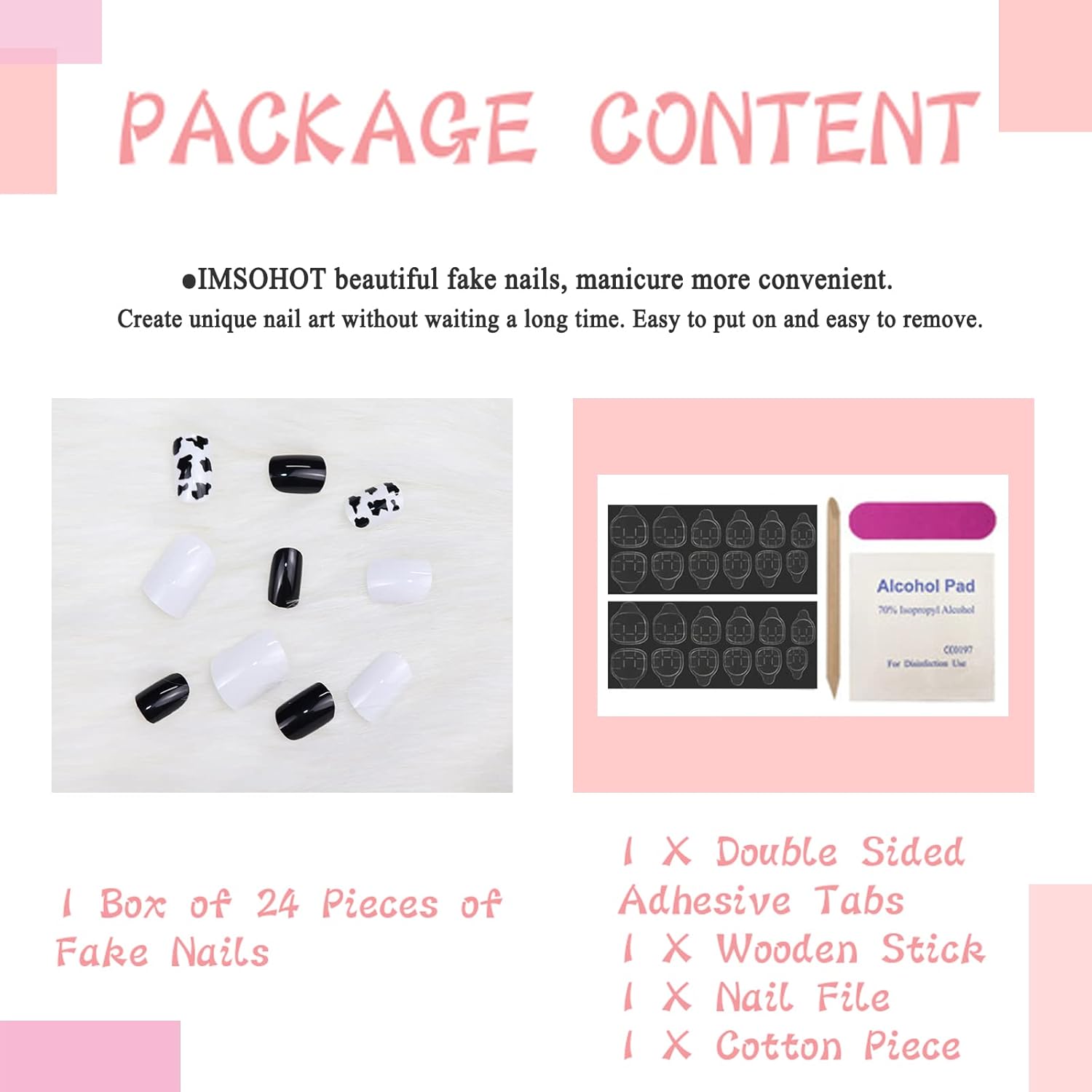 IMSOHOT Glossy Square Press on Nails Short Squoval Cow Print Cute Black False Full Cover Glue on Nails for Women & Girls - Image 4