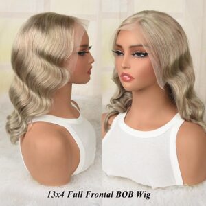 Ash Blonde Bob Wig Human Hair 13x4 HD Lace Front Human Hair Wig 180% Density Loose Body Wave Lace Front Wigs Human Hair Glueless Blonde Colored Bob Wig Pre Plucked for Women 14 Inch