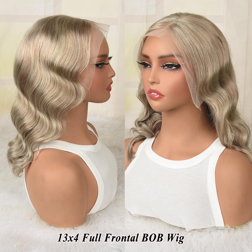 Ash Blonde Bob Wig Human Hair 13x4 HD Lace Front Human Hair Wig 180% Density Loose Body Wave Lace Front Wigs Human Hair Glueless Blonde Colored Bob Wig Pre Plucked for Women 14 Inch