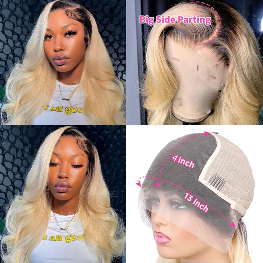 Ombre Blonde Lace Front Human Hair Wig 150% Density 1B613 for Women 13x4 HD Undetectable Melted Lace Frontal Wigs 20Inch Ombre Blonde with Dark Roots Straight Pre Plucked Bleached Knots Wigs - Image 6