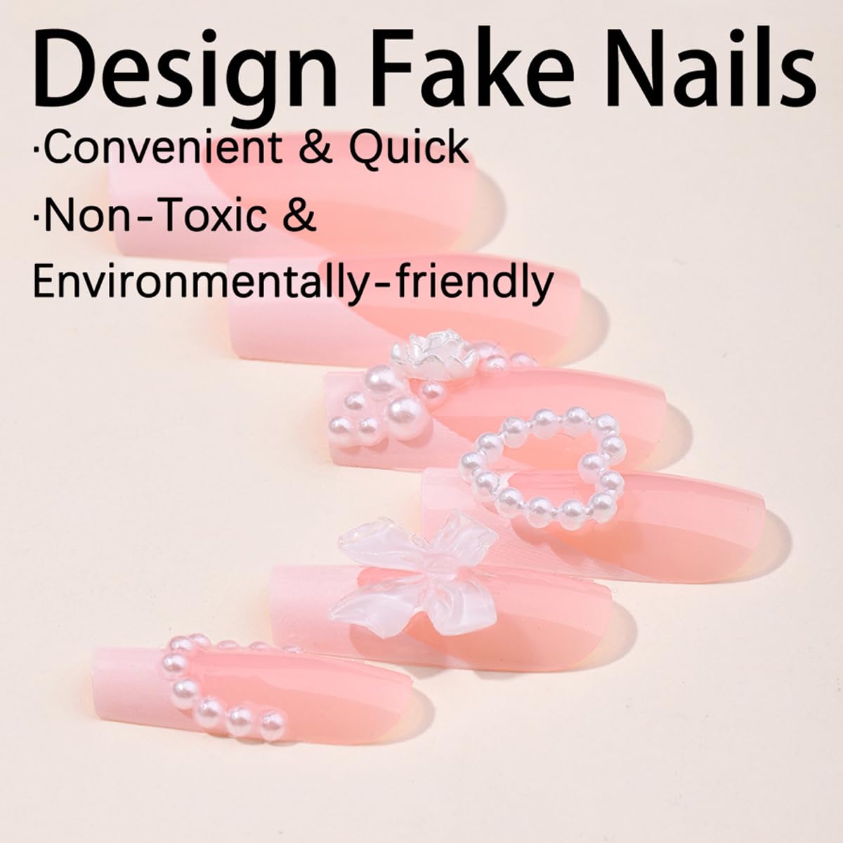 24Pcs French Tip Press on Nails with Charms Designs Medium Long Fake Nails French Heart Nails Press on Cute Rose Flower Stick on Nails Square Shape Acrylic Nails Pearl Nails for Women Daily Wear - Image 2