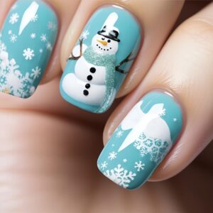 Christmas Press on Nails Medium Fake Nails Almond Shape False Nails Snowman Glue on Nails Snowflake Stick on Nails Full Cover Light Blue Acrylic Nails for Women Artificial Nails 24 Pcs