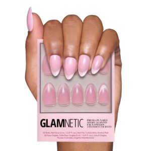 Glamnetic Press On Nails - Lovers Blush | Pink Short Almond Nails with Glossy Velvet Finish, Reusable Stick On Fake Nails with Glue | Love In Bloom Valentine’s Nails | 15 Sizes - 30 Nail Kit with Glue