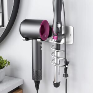 Tindbea Hair Dryer Holder + Curling Iron Holder,Blow Dryer Holder Wall Mount, Bathroom Hair Tool Organizer Rack for Universal Dryer Brushed Nickel
