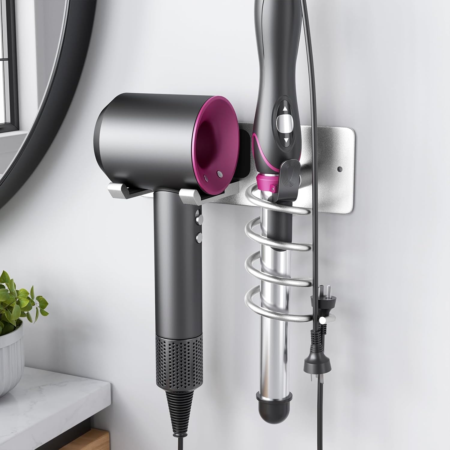Tindbea Hair Dryer Holder + Curling Iron Holder,Blow Dryer Holder Wall Mount, Bathroom Hair Tool Organizer Rack for Universal Dryer Brushed Nickel