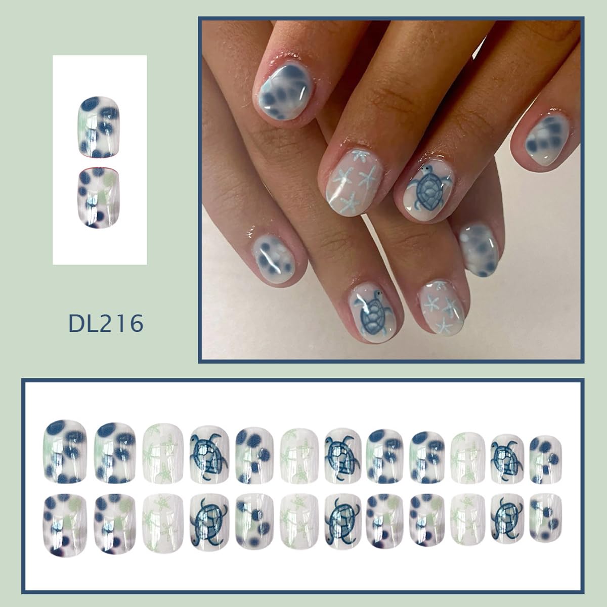Summer Beach Press on Nails Short Square Fake Nails White False Nails Press ons with Starfish Turtle Design Reusable Artificial Nails Full Cover Glue on Nails Stick on Nails for Women Manicure 24 Pcs - Image 2