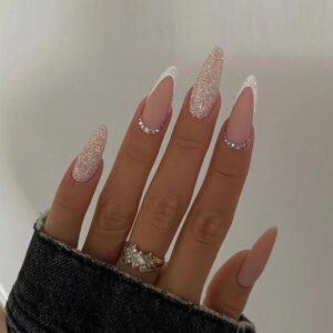 BABALAL Press On Nails - Medium Almond Shape, Pink Nude Matte, 24pcs Stiletto False Nails With Glue, Bling Design Acrylic Nails
