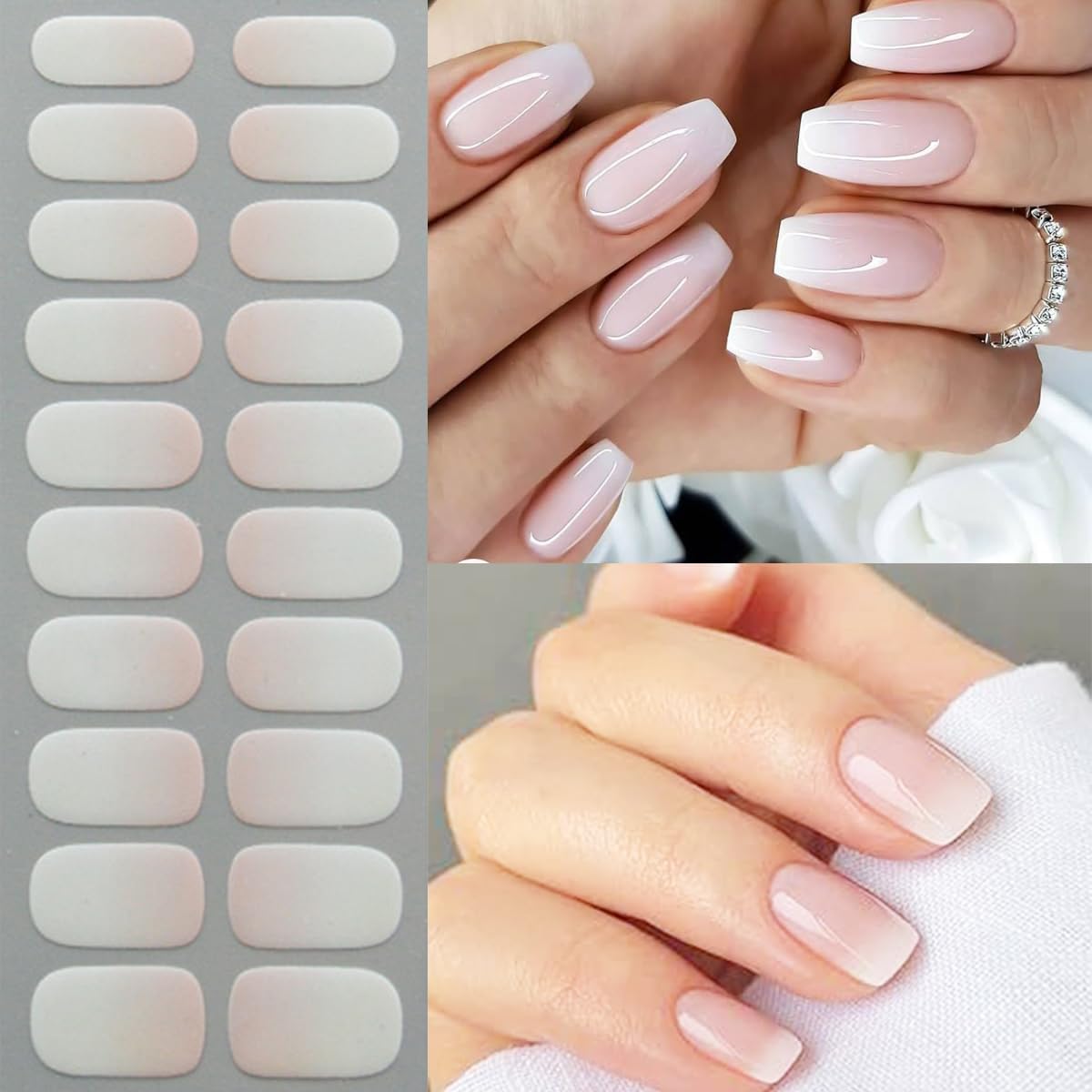 Gel Nail Stickers- 20 Pcs Nude White Gel Nails Strips Self-Adhesive Nail Wraps Full Glossy Stick on Nails Ombre Nail Polish Strips No Uv Light Needed Salon Quality Easy to Use and Remove - Image 4