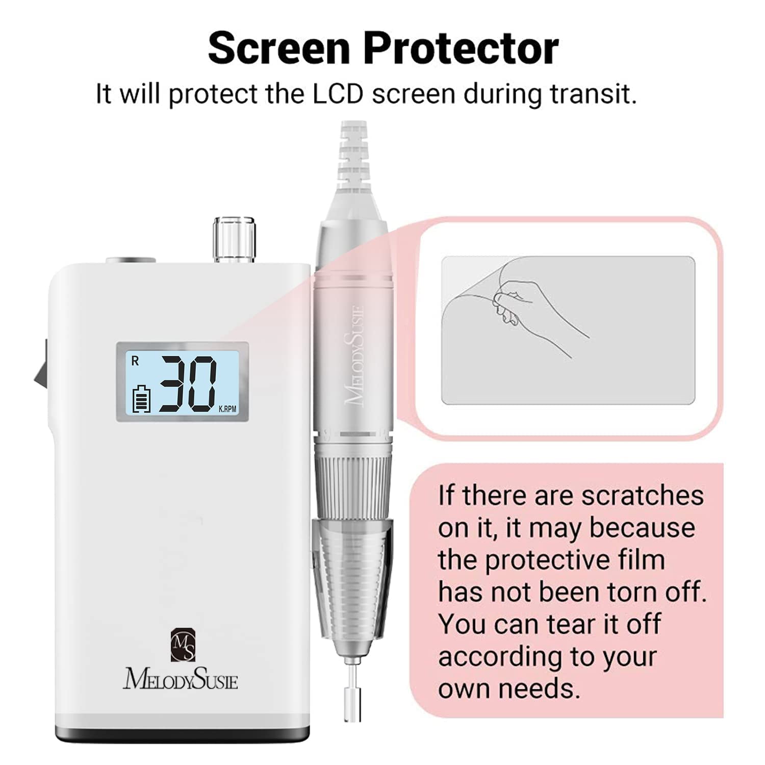 MelodySusie Professional Rechargeable 30000 rpm Nail Drill,SC320H Portable Electric E File Scamander, Acrylic Gel Grinder Tools with 6 Bits and Sanding Bands for Manicure Pedicure Carve Polish (White) - Image 6
