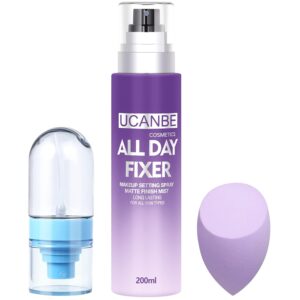 Long Lasting Makeup Setting Spray Kit- 6.76 Fl oz Hydrating Matte Finish Mist Lightweight Face Make up Fixer +Travel Size Spray Bottle+Sponge Puff Makeup Set