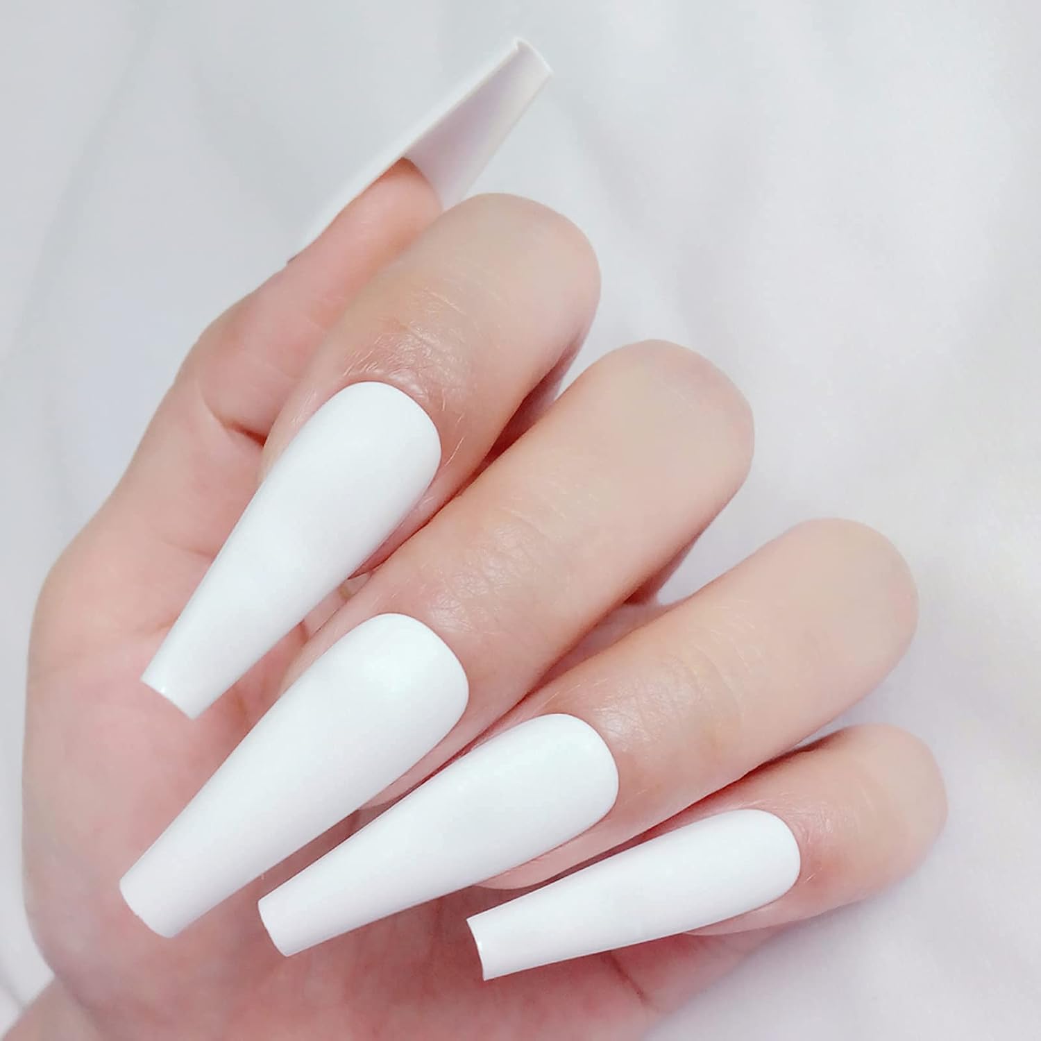 AddFavor 100pcs Coffin Fake Nails Full Cover Long Press on Nails Pure Color Matte Acrylic False Nail Tips for Women and Girls (White) - Image 2