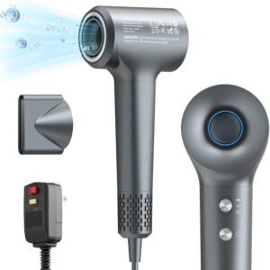 Negative Ionic Hair Dryer, 110,000RPM High Speed Blow Dryer,Travel Hair Dryer, Fast Dry,3 Temps & 2 Speeds with Nozzle,Lightweight Low Noise Thermo Control Hairdryer for Home,Travel (Dark Grey)