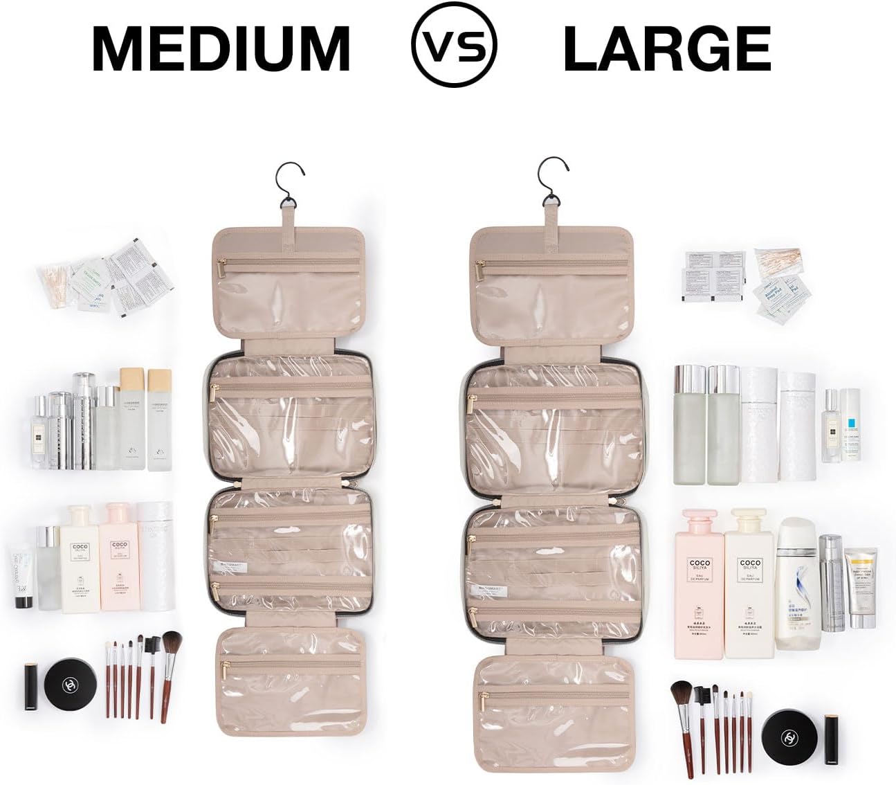 BAGSMART Toiletry Bag Travel Bag with Hanging Hook, Water-resistant Makeup Cosmetic Bag Travel Organizer for Accessories, Shampoo, Full-size Container, Toiletries (Baby Pink, Medium) - Image 2