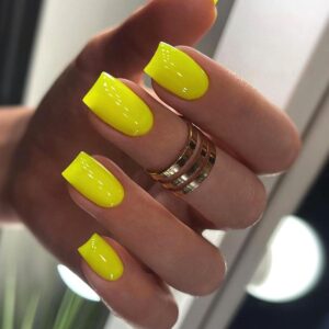 Square Press on Nails Medium Length Fake Nails Yellow Acrylic Nails Glossy False Nails with Designs Full Cover Glue on Nails French Reusable Artificial Nails for Women and Girls 24PCS