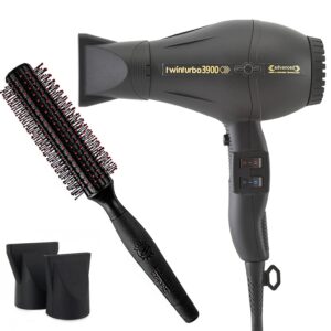 Turbo Power Hair Dryer Ionic Professional, Black, Twin Turbo Blower Advanced, Comes with Brush, (3900- TP)