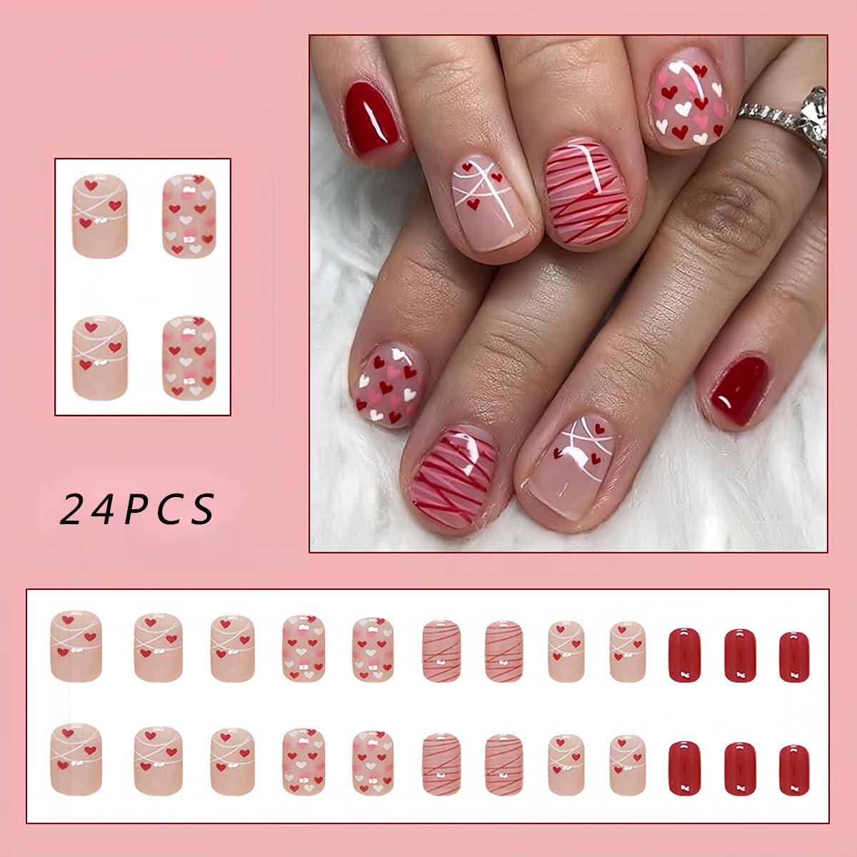 24 Pcs Heart Press on Nails Short Square Fake Nails Red Love Heart Design Full Cover Nude Acrylic False Nails Valentine's Day Cute Stick on Nails Glossy Glue on Nails for Women and Girls Holiday Nails - Image 2