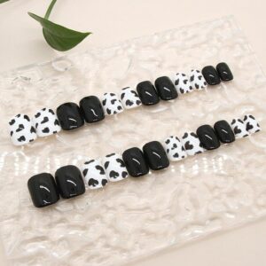 Black White Press on Nails Short Medium Square Fake Nails with Cow Printed Design, Press ons Artificial Acrylic Full Cover False Stick on Nail for Women Daily Wear Wedding Manicure 24Pcs