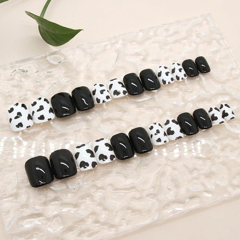 Black White Press on Nails Short Medium Square Fake Nails with Cow Printed Design, Press ons Artificial Acrylic Full Cover False Stick on Nail for Women Daily Wear Wedding Manicure 24Pcs