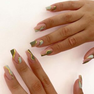 Long Press on Nails Square French Fake Nails Full Cover Nude Acrylic False Nails for Women and Girls 24PCS (Green Coffin)