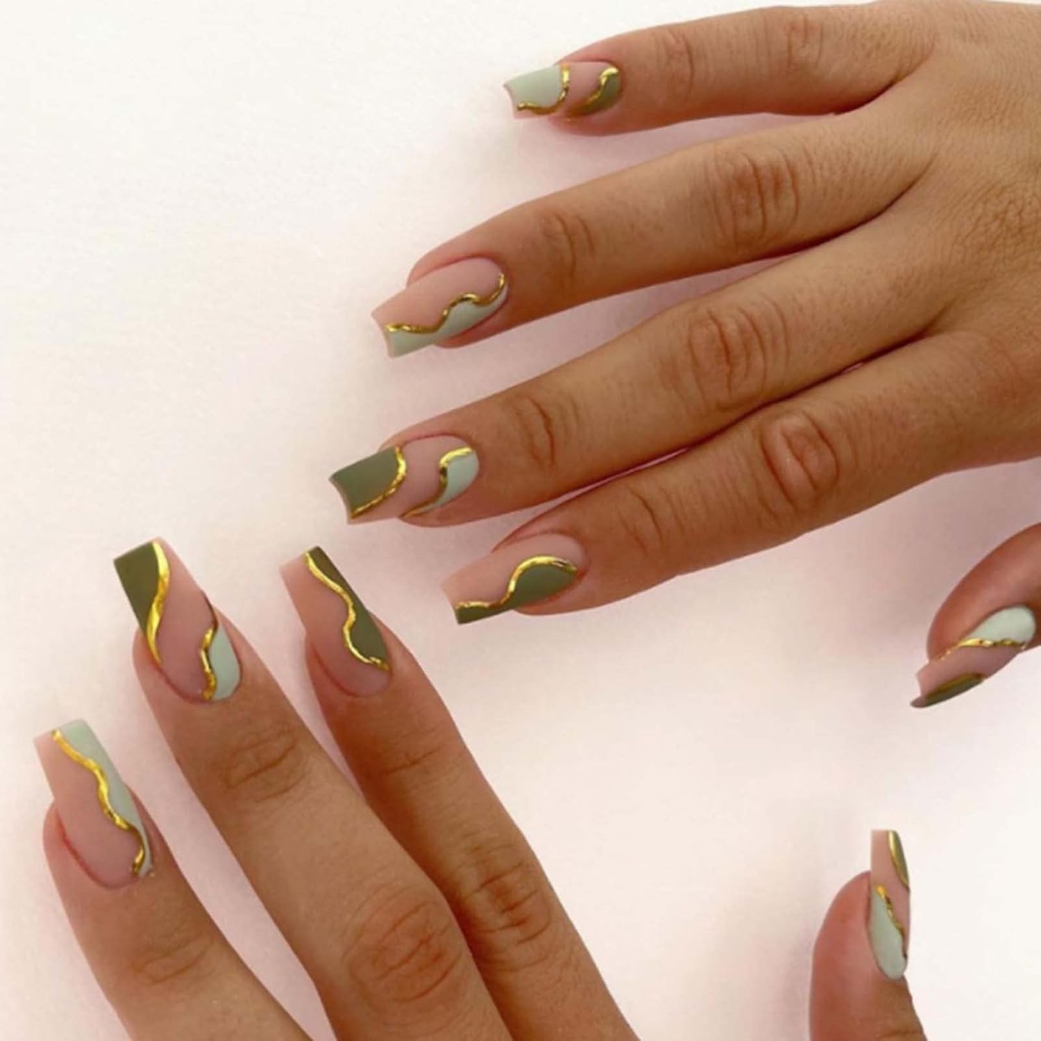 Long Press on Nails Square French Fake Nails Full Cover Nude Acrylic False Nails for Women and Girls 24PCS (Green Coffin)