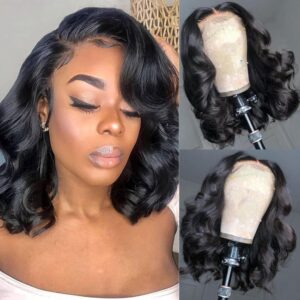 Devonia 12 Inch Body Wave Lace Front Wigs Human Hair Pre Plucked 13x4 HD Lace Frontal Human Hair Wig 180 Density Lace Front wig for Women Short Black Wig