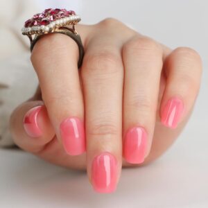 Polychrome&air Press On Nails- Coral Symphony | Short Squoval Solid Red Press On Nails | 15 Sizes 30 Opaque Glossy Soft Gel False Nails | Reusable Fake Nails with Glue On Nails Kit | Salon Quality