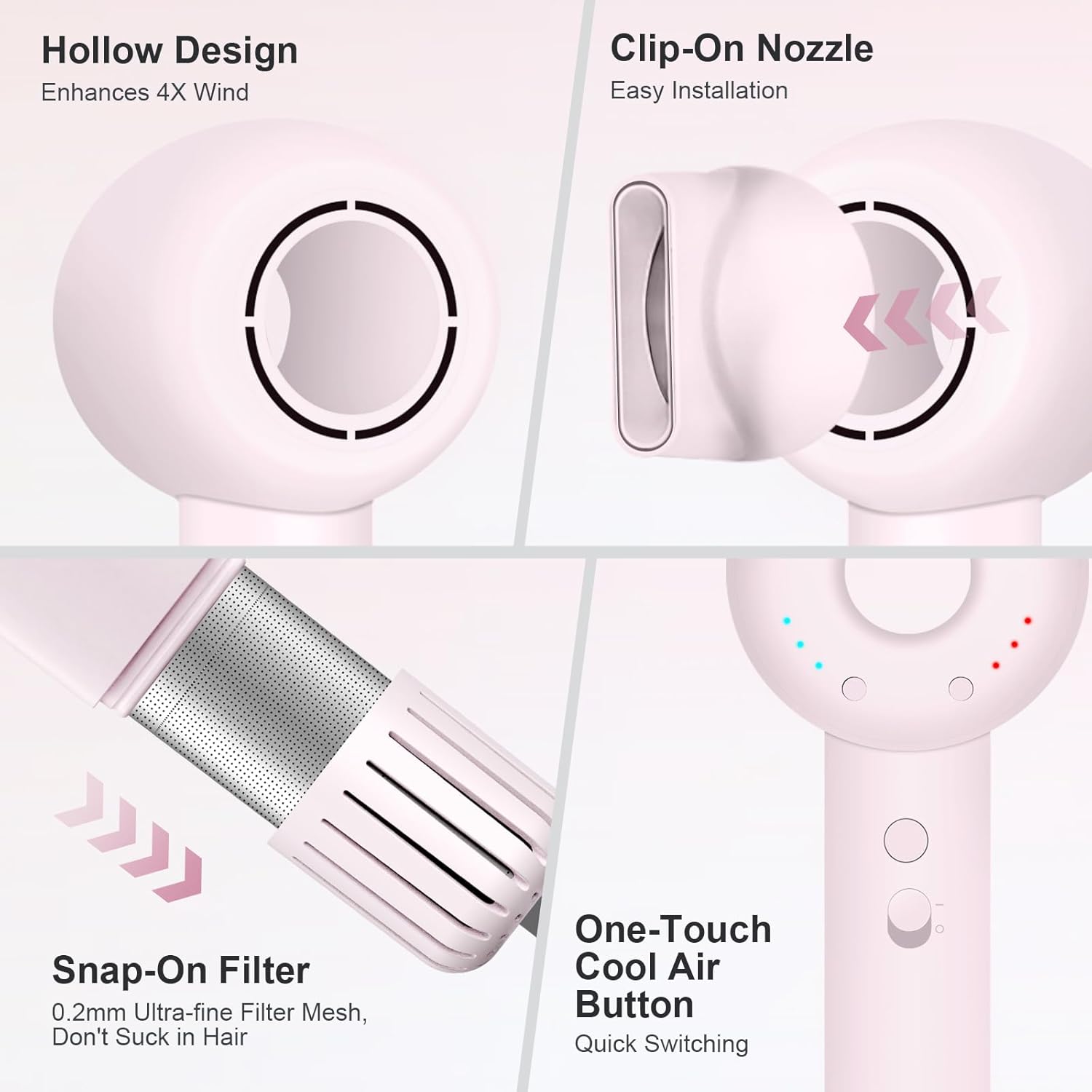 High Speed Hair Dryer, 160000 RPM Brushless Motor 500 Million Negative Ionic Blow Dryer, Travel Fast Drying Hairdryer, Low Noise, Lightweight, Blowdryer with Nozzle, Home Use,Pink - Image 7