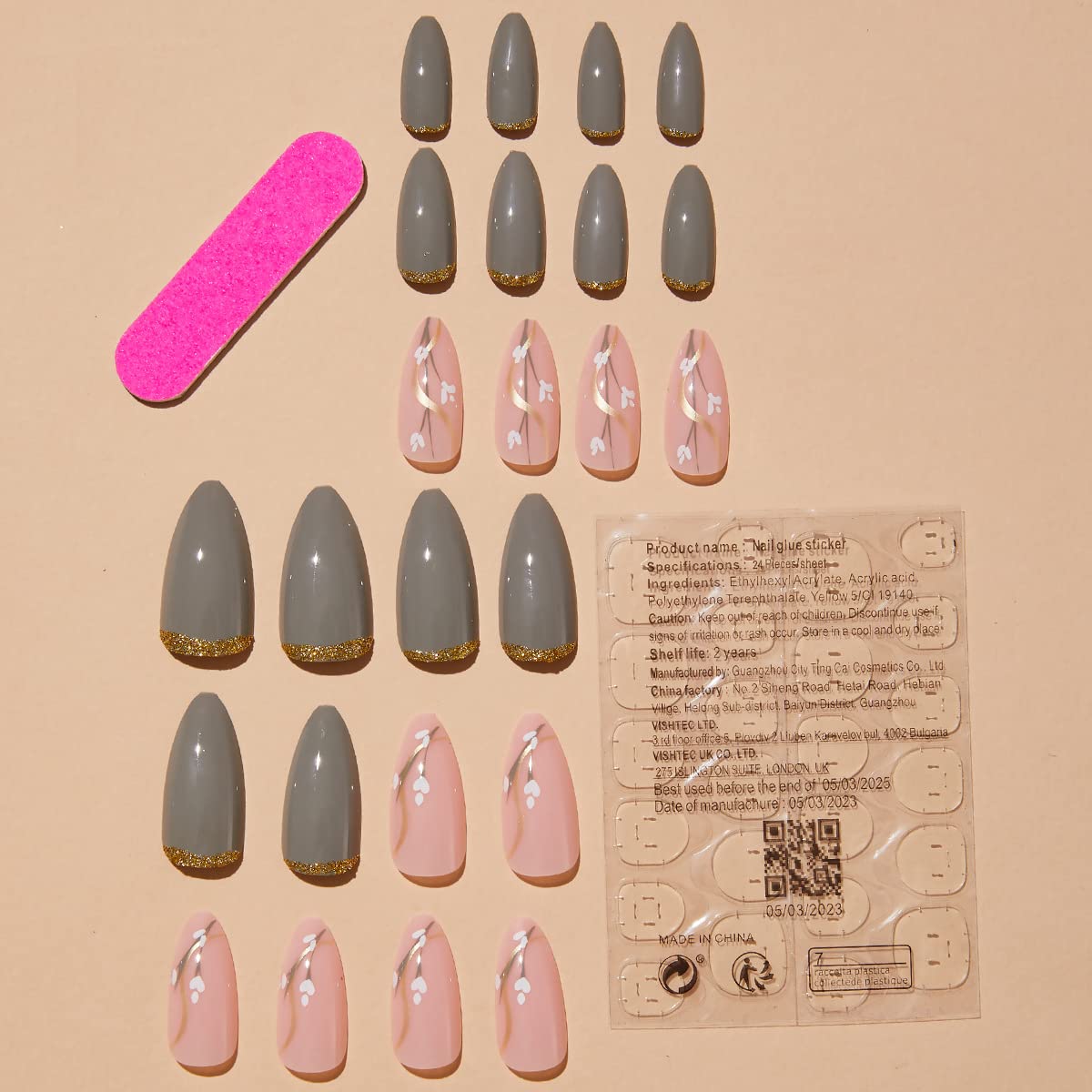 Almond Press on Nails Flower Fake Nails Medium False Nails with Designs Grey Acrylic Nails Gold Line Stick on Nails Spring Summer Glue on Nails Full Cover Glossy Artificial Fake Nails for Women Girls - Image 3