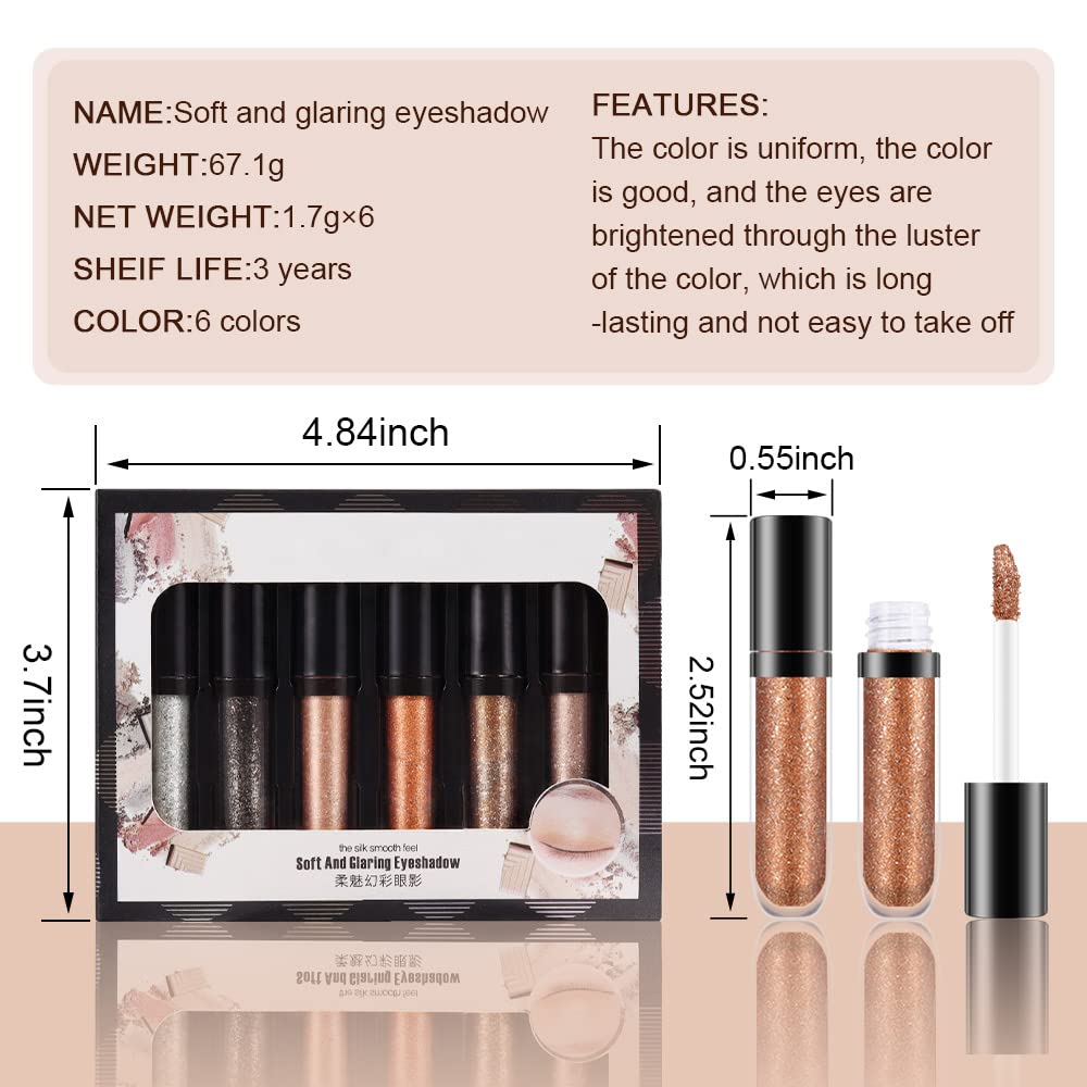 evpct 6 Colors Gold Liquid Glitter Shimmer Eyeshadow Set for Eyes Silver Shimmer Sparkle Shiny Light Glitter Metallic Pigment Colorful Eye Shadow Liner Makeup Palette Kit Quick Drying Longwearing A - Image 5