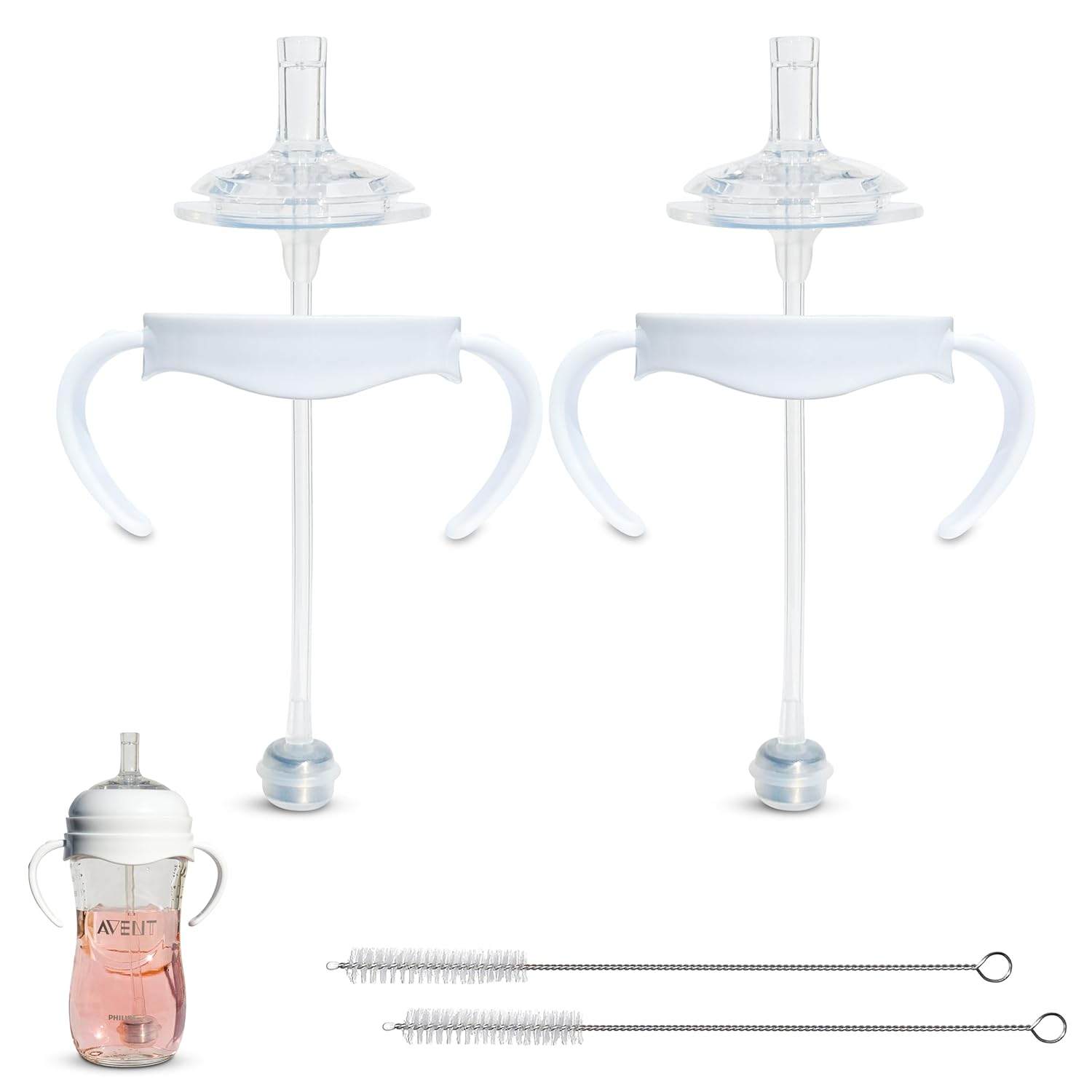 Straw Cup Conversion Kit for Philips Avent Natural Baby Bottles 2-Count, Food Grade Silicone Straw Nipples, Silicone Weighted Straw, Bottle Handles, Cleaning Brush, BPA-Free, 6+ Months (Straw Top)