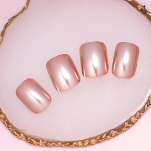 Rose Gold Chrome Press on Nails Short Square Fake Nails Rose Gold Mirror Metal False Nails Acrylic Glue on Nails Glossy Full Cover Stick on Nails Shine Artificial Nails for Women 24Pcs