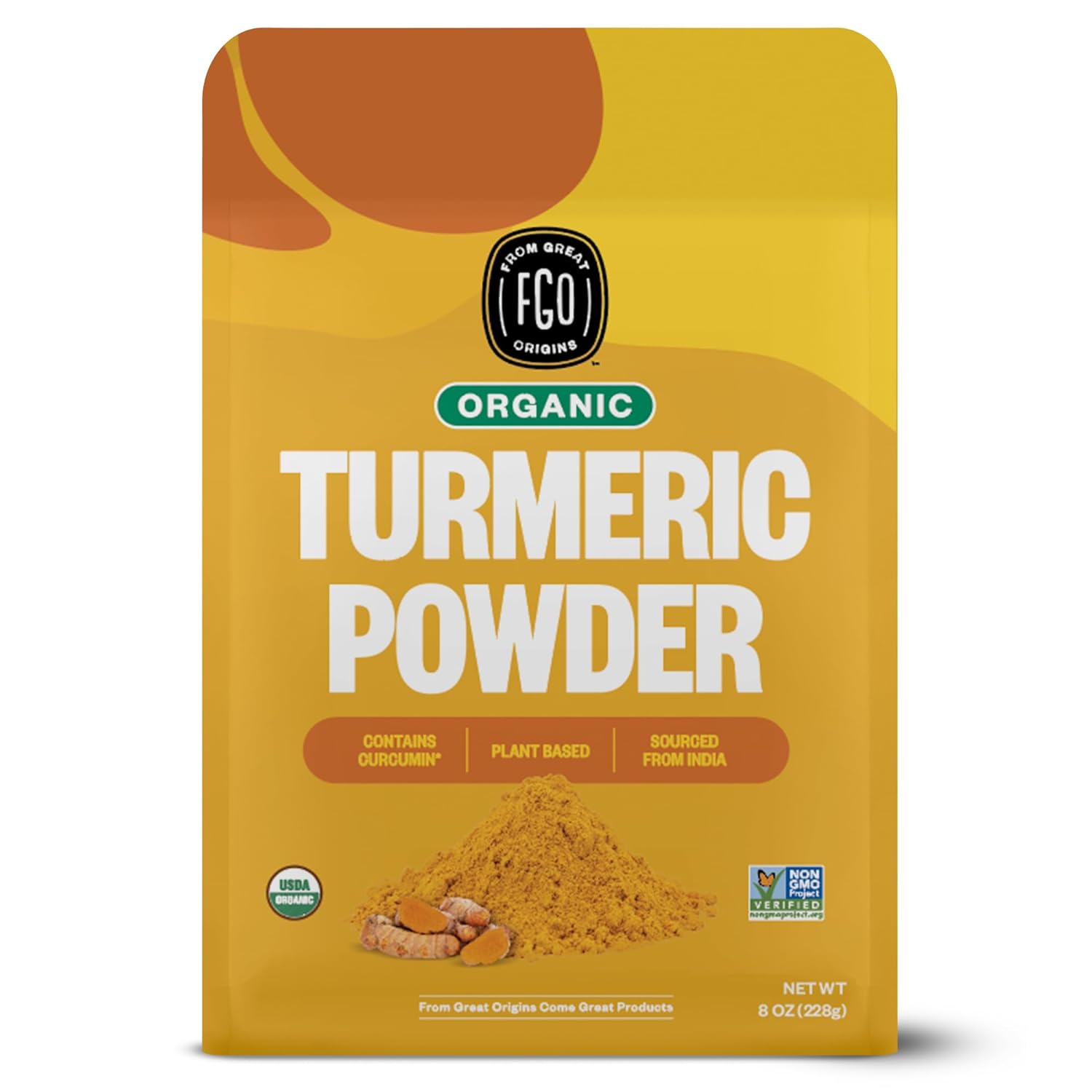 FGO Organic Turmeric Powder w/Curcumin, 8oz Resealable Pouch, USDA Organic and Non-GMO, Sourced from India, Packaging May Vary (Pack of 1)