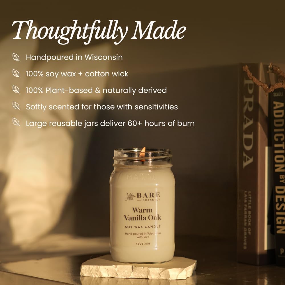 Bare Botanics Warm Vanilla Oak Scented Soy Candle - Premium Candle in 16 oz Mason Jar - 100% Natural Soy Wax & Plant-Based Fragrance Oils, Softly-Scented - Handpoured in WI - 60 Hrs Long Burning - Image 3