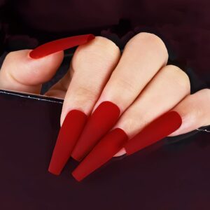 LoveOurHome 100pc Coffin Press on Nails Long Fake Nails Matte Full Cover False Nails Press ons Artificial Nail Medium Ballerina Fake Fingernail Wine Red Presson on Nail Tips for Women Kids Girls