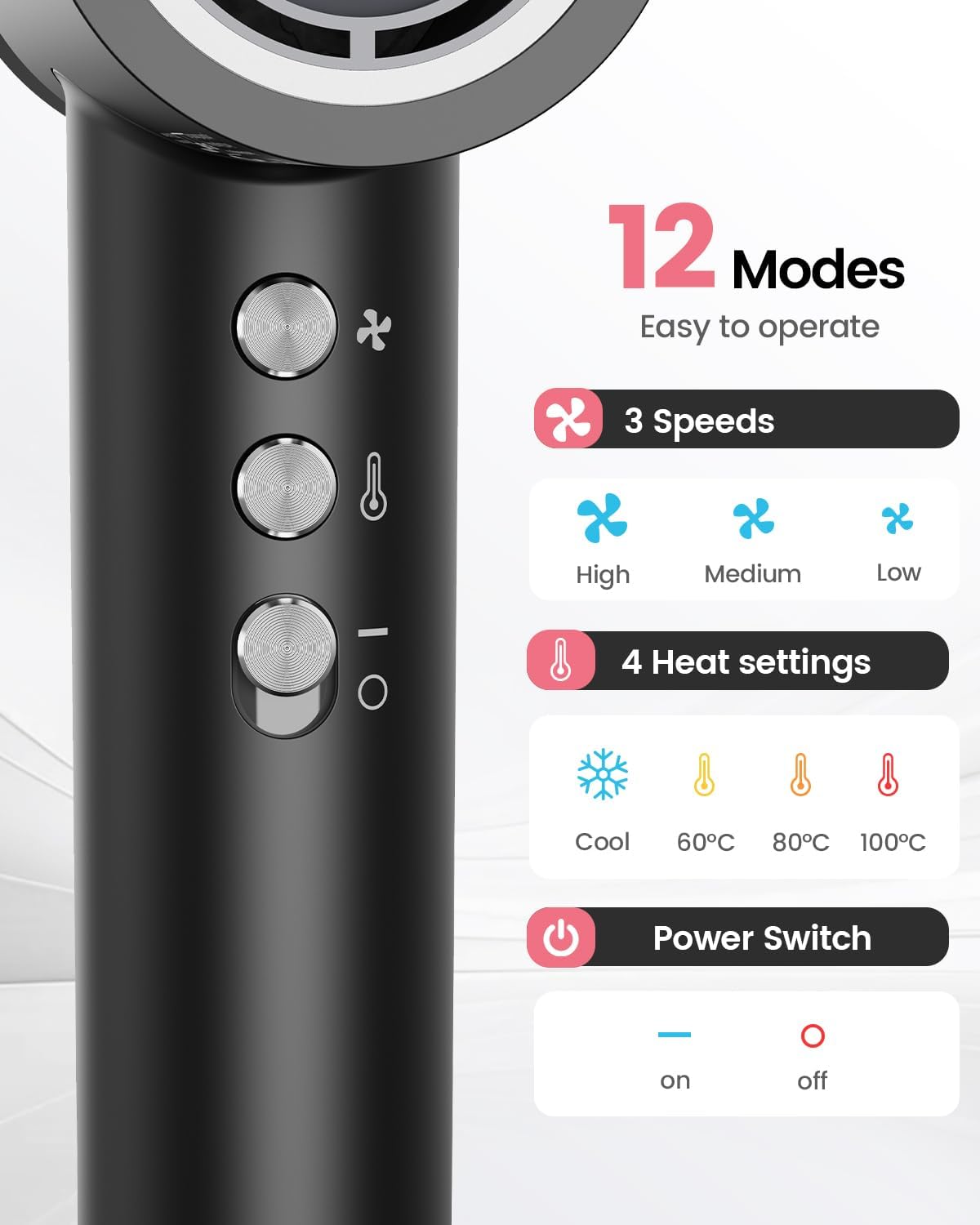 Hair Dryer, 110,000 RPM High-Speed Fast Drying Blow Dryer, 200 Million Ionic Lightweight Hairdryer with Diffuser, Magnetic Nozzle, 4 Temps & 2 Speeds, Low Noise for Women & Men, Black - Image 6