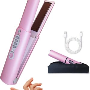 Travel Small Hair Straightener and Curler 2 in 1 for Short Hair, Cordless Titanium Flat Iron, Portable, USB-C Rechargeable, Fast Heating, Dual Voltage, 5000mAh Battery, 3 Temp Settings (Shocking Pink)