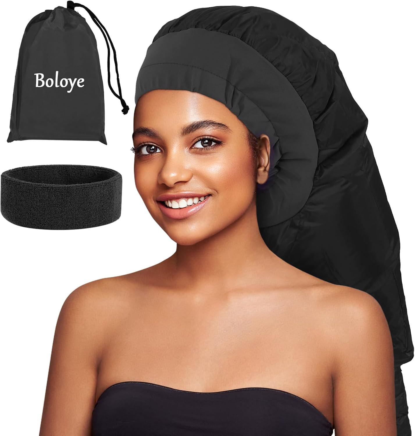 Hair Dryer Bonnet, Large Bonnet Hooded Hair Dryer Attachment for Speeds Up Drying Time & Deep Conditioning, Fits All Head Sizes & All Hair Styling, for Women Long Curly Braid Hair (Black, Large)