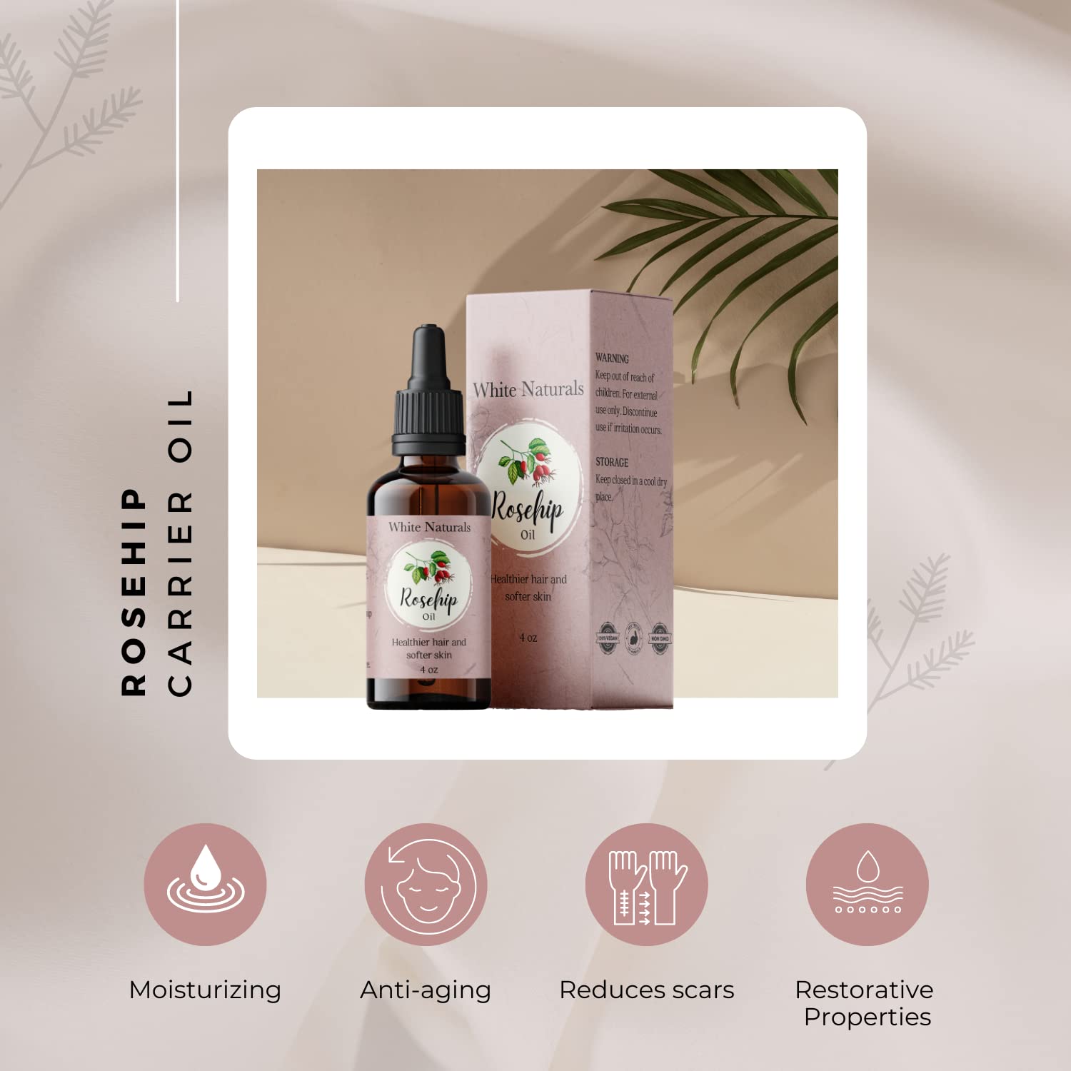 White Naturals Organic Rosehip Seed Oil Cold Pressed, Unrefined 100% Pure Rose Hip Carrier Oil, Natural Moisturizer For Body Face Hair Skin Massage & Nails, Facial Serum Anti-Aging Treatment 4 oz - Image 2