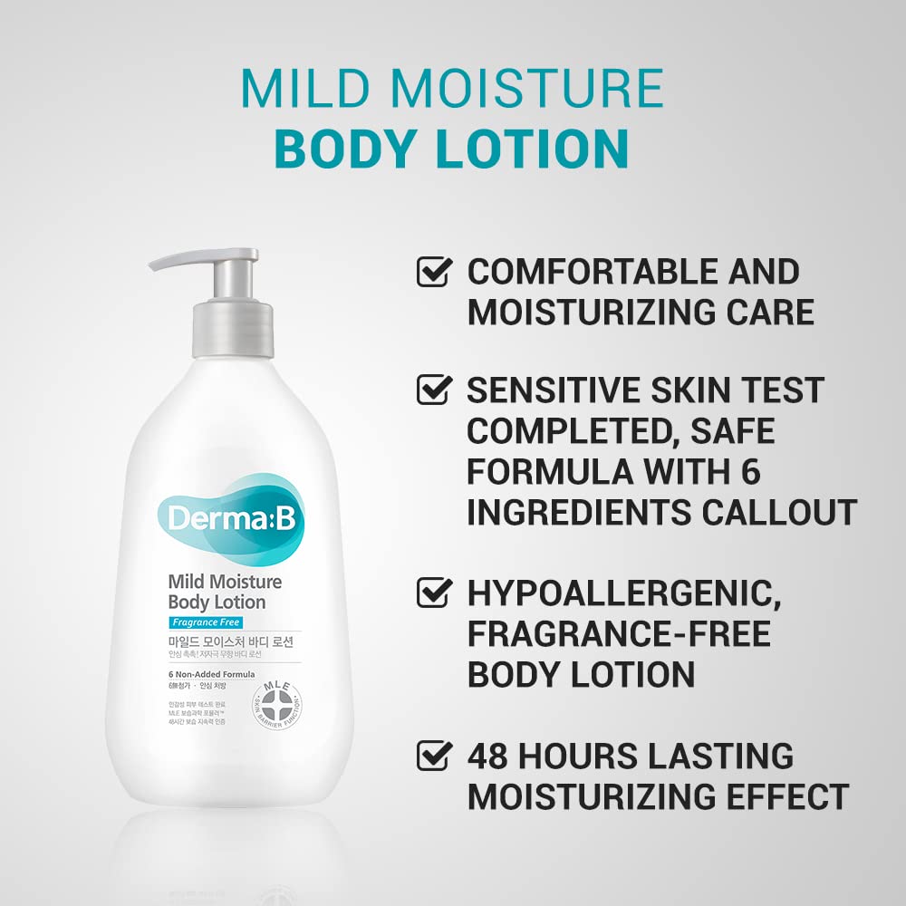 DERMA B Mild Moisture Body Lotion, Fragrance-Free Non-Irritating Body Moisturizer for Dry & Sensitive Skin with Witch Hazel, Unscented Fast-Absorbing Moisturizing Korean Skincare,13.5 Fl Oz,400ml - Image 2