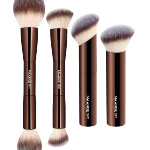 MAANGE 4 PCS Foundation Makeup Brush Set Double-ended Kabuki Brush Contour Brush for Liquid Powder Concealer Cream Cosmetics Blending Blush Face Makeup Tools Kit (Coffee)