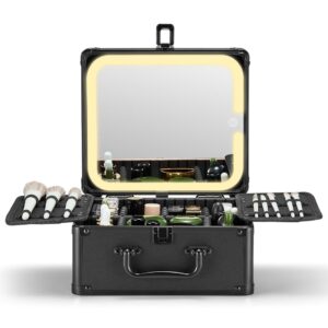 Qislee Makeup Box with A Detachable Lighted Mirror, Waterproof Travel Train Case, Cosmetic Organizer and Makeup Suitcase with Adjustable Dividers, Magnetic LED Mirror (Black)