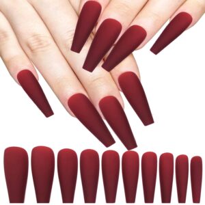LoveOurHome 100pc Coffin Press on Nails Long Fake Nails Medium Ballerina Acrylic Press on Nail Coffin Nail Tips Matte Burgundy Artifical Nail Full Cover Presson on Fake Fingernails for Women Girls