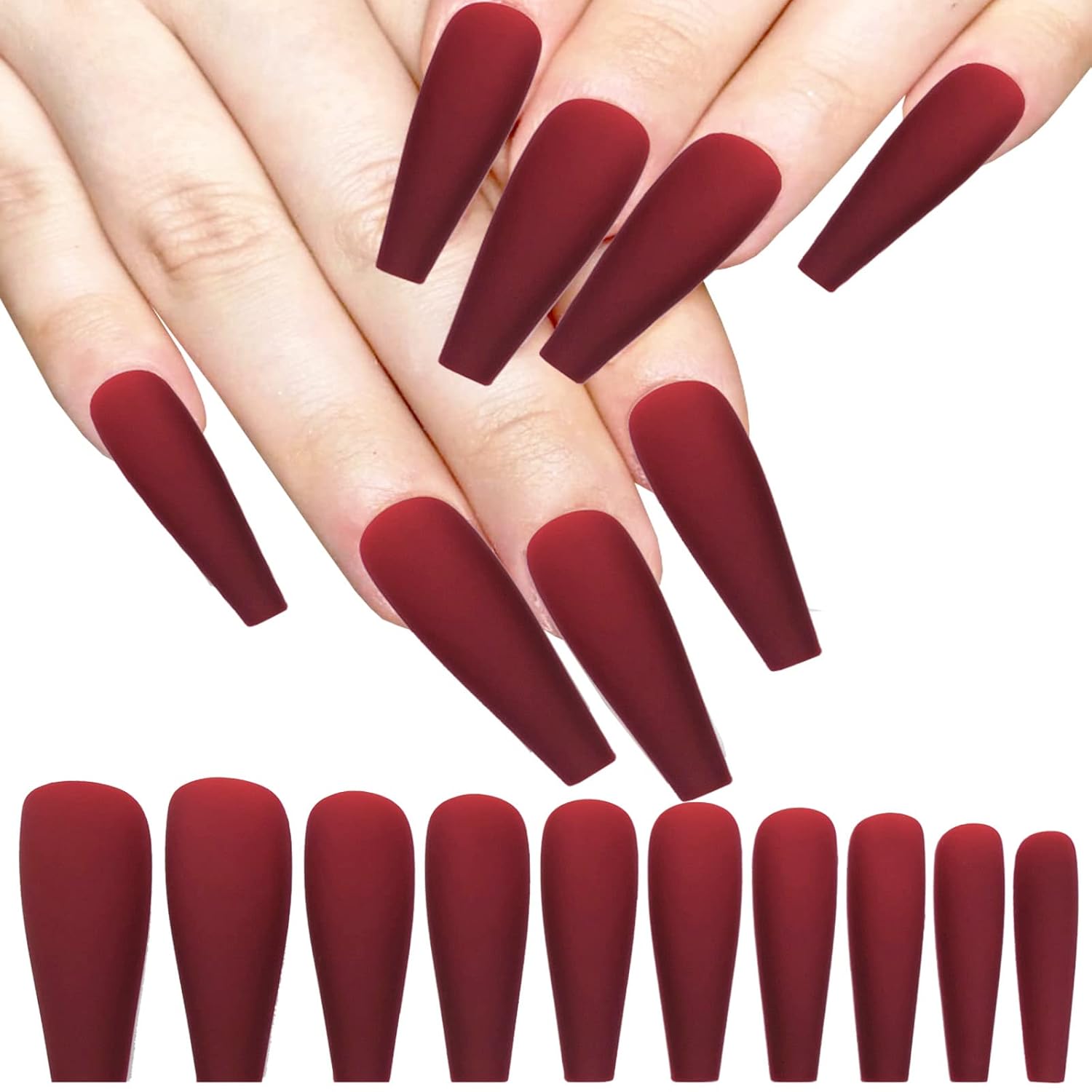LoveOurHome 100pc Coffin Press on Nails Long Fake Nails Medium Ballerina Acrylic Press on Nail Coffin Nail Tips Matte Burgundy Artifical Nail Full Cover Presson on Fake Fingernails for Women Girls