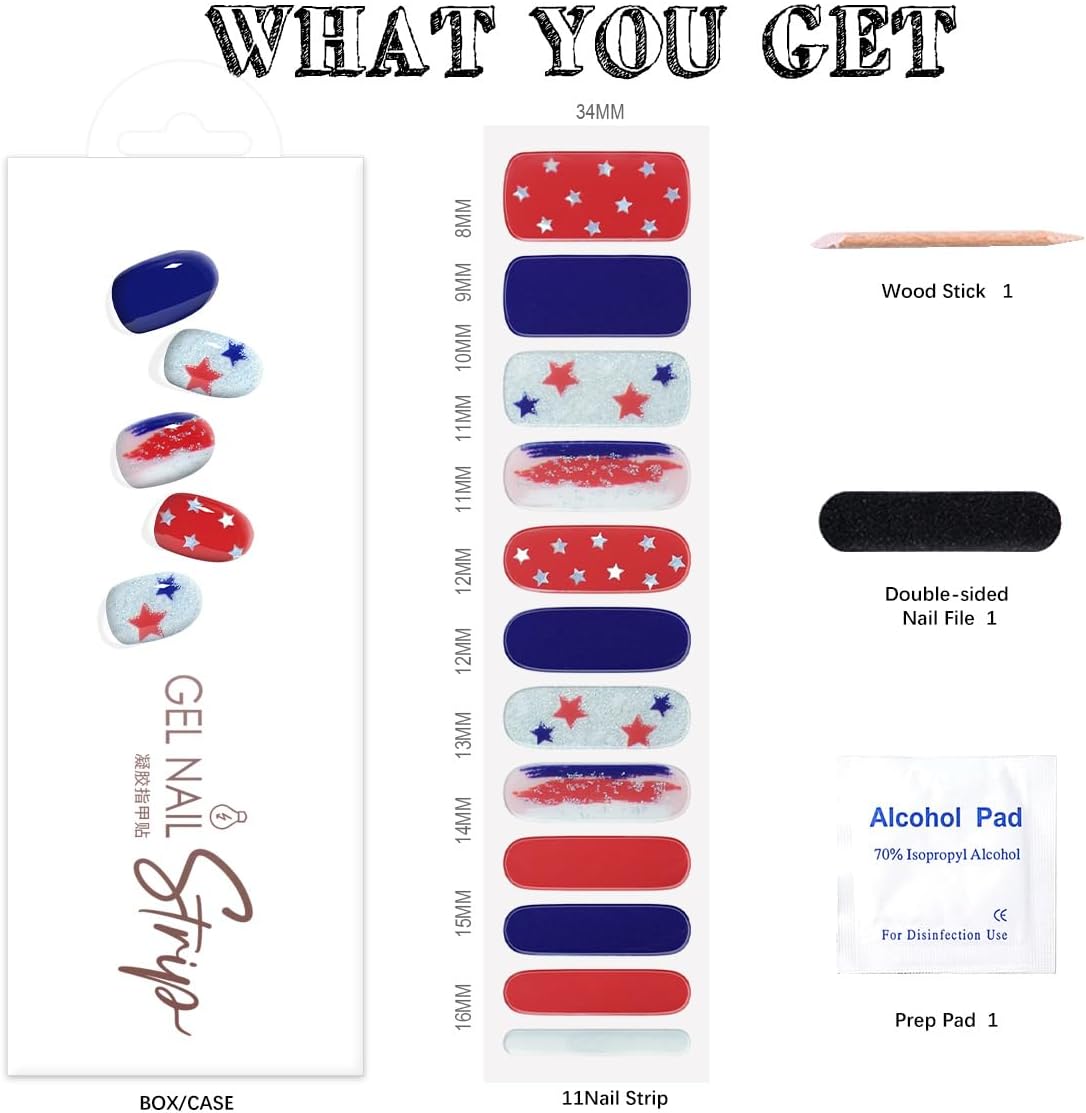 Semi Cured Gel Nail Strips 4th of July Patriotic Extra Long Salon-Quality Gel Nail Stickers Independence Day Long Lasting Nail Wraps for Women Short Nails (Liberalism P11) - Image 7