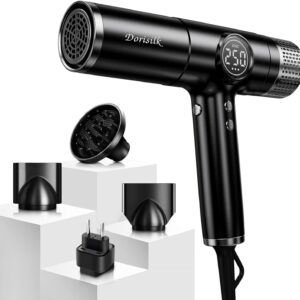 DORISILK Dual Voltage Hair Dryer for International Travel，1875W Professional Hair Dryer 160000 RPM Brushless Motor for Fast Drying Low Noise ，Ionic Blow Dryer with Hair Diffuser for Curly Hair，